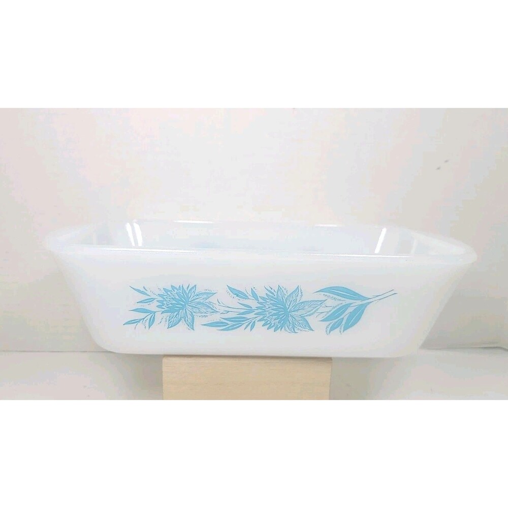 Vintage Glasbake Blue /teal/ turquoise Thistle Milk Glass Loaf Pan J-522